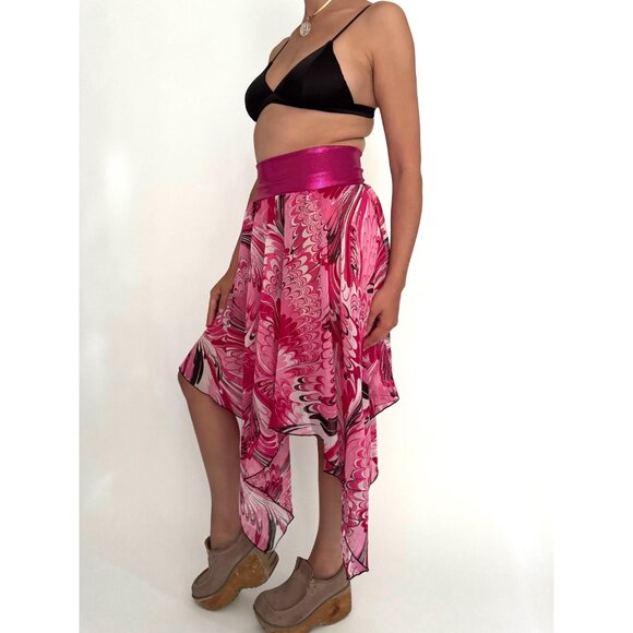 y2k pink fairy whimsy grunge dance sheer flowy chiffon asymmetric hem midi skirt - Picture 3 of 9